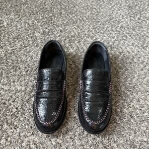 Free People Blanket Stitch Black Leather Penny Loafers Shoe Size 10 Slip On